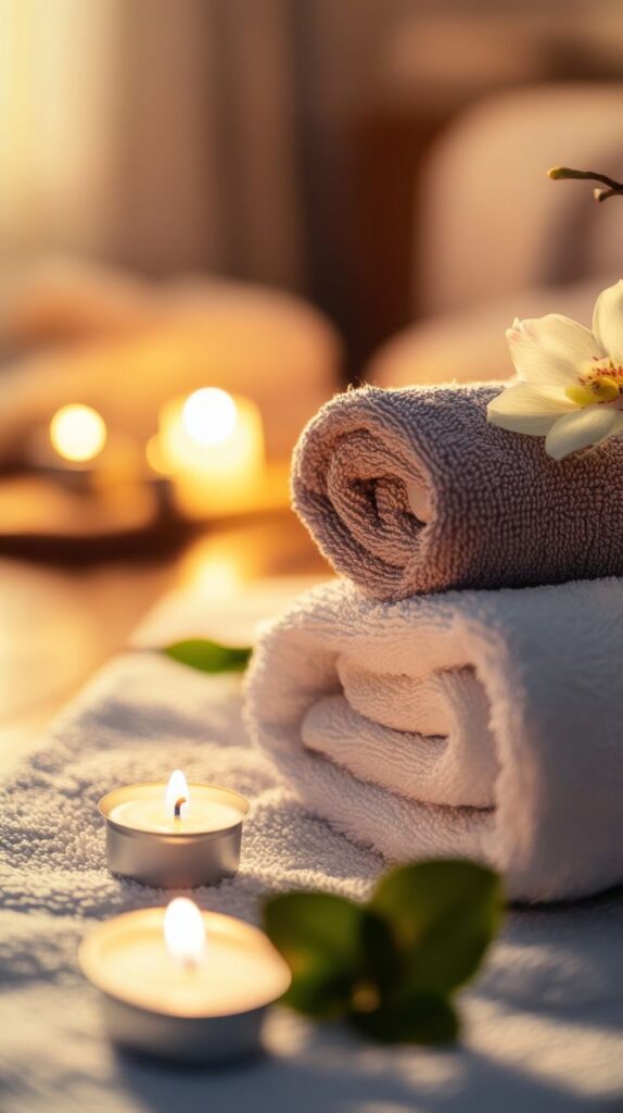 spa setup with towels candles, a photo by beautiful things